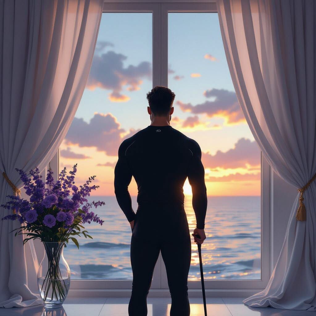 Man with White Cane by Ocean Sunset Window