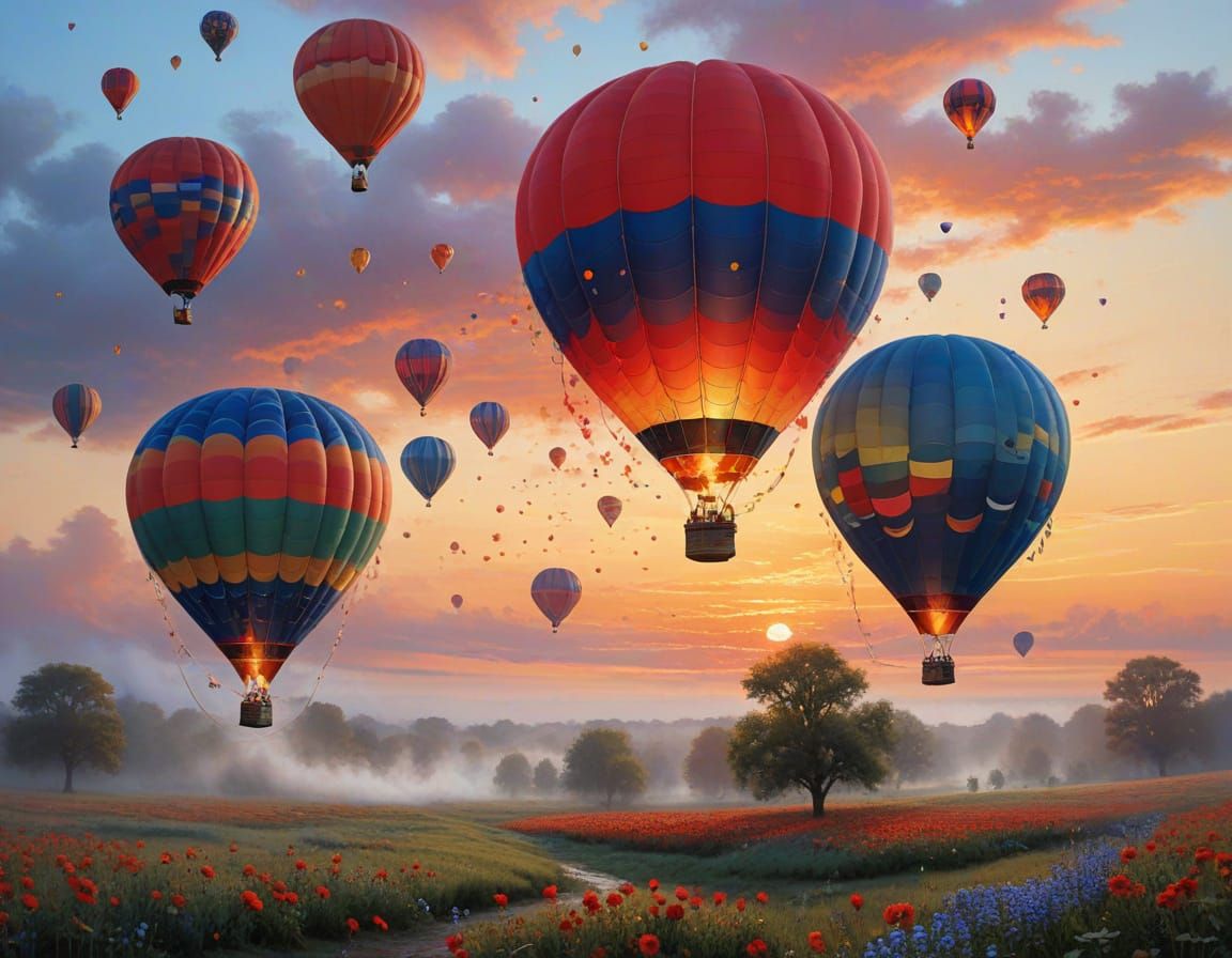 Whimsical Polka Dot Hot Air Balloon Festival at Sunset Paint...