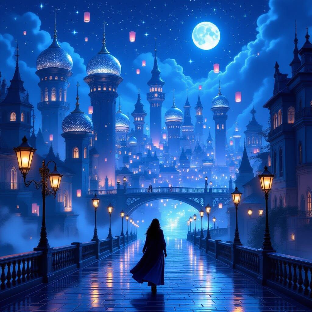 Magical Fantasy City Night Scene with Starlight Rivers