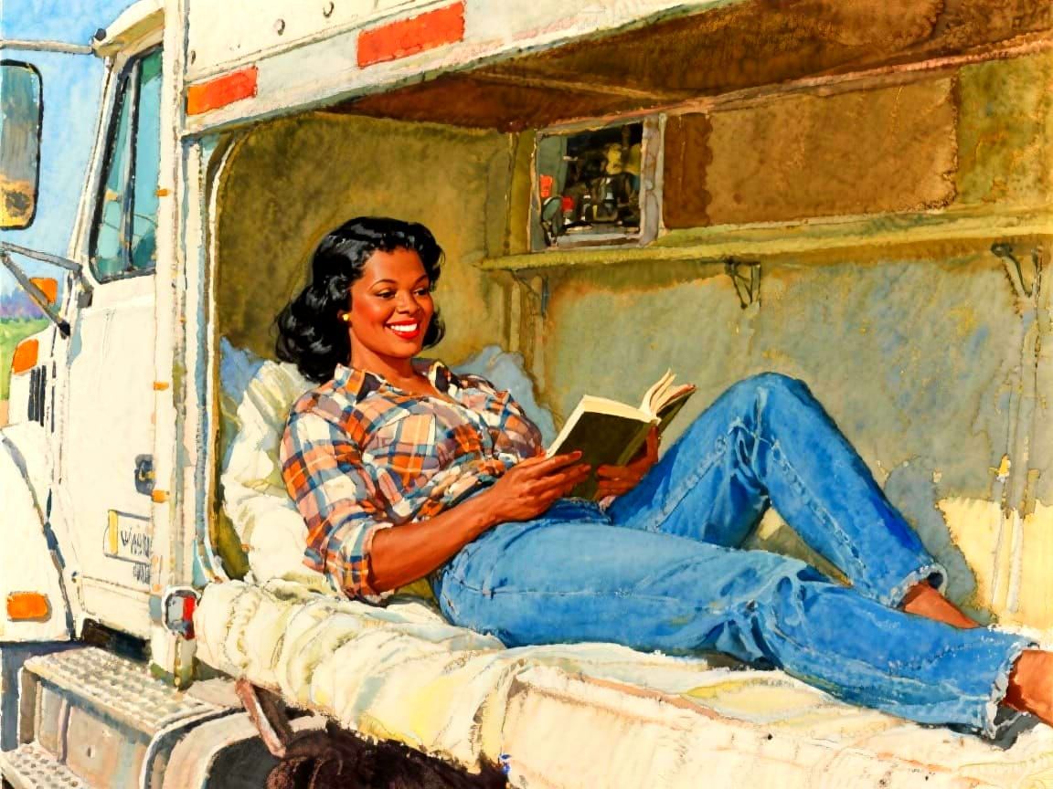 Impressionist Watercolor of Woman Reading in Truck Sleeper
