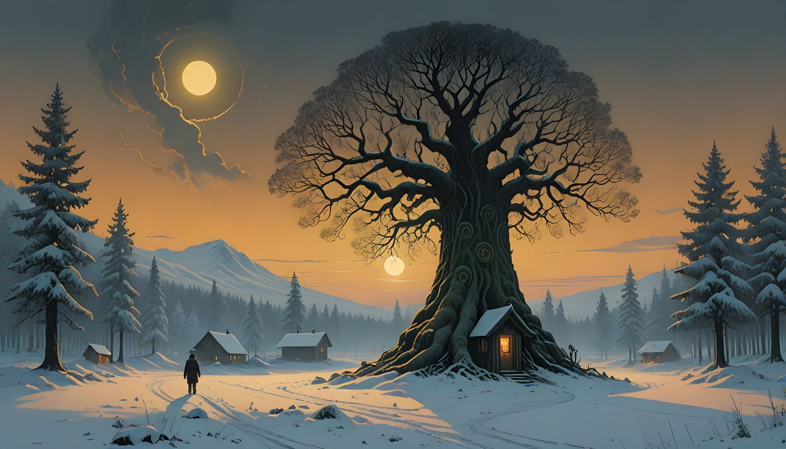 Nordic Winter Shrine with Yggdrasil and Glowing Runes