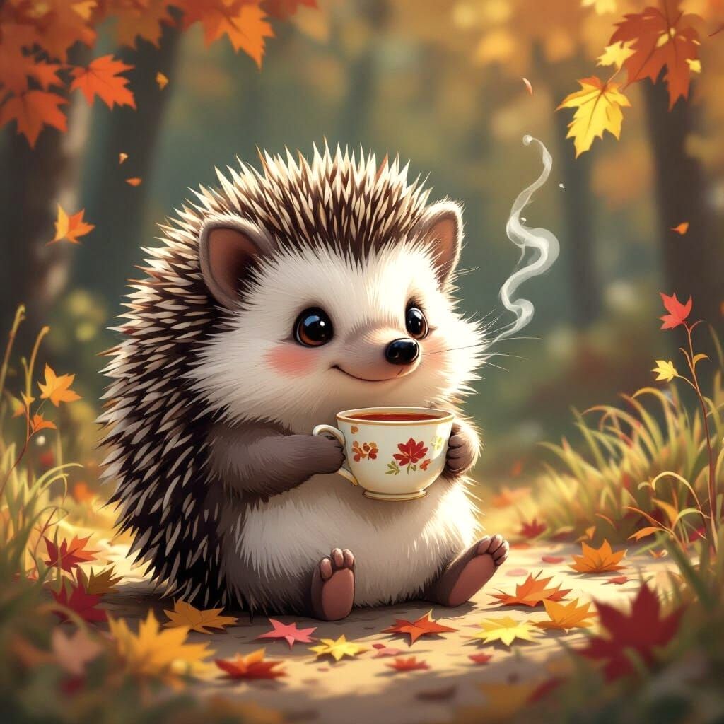 Hedgehog Enjoys Autumn Tea in Studio Ghibli Anime Style