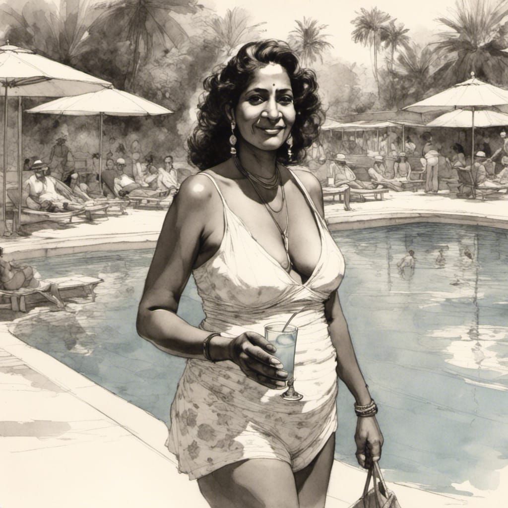 Woman in Bikini with Cocktail Sketch Art