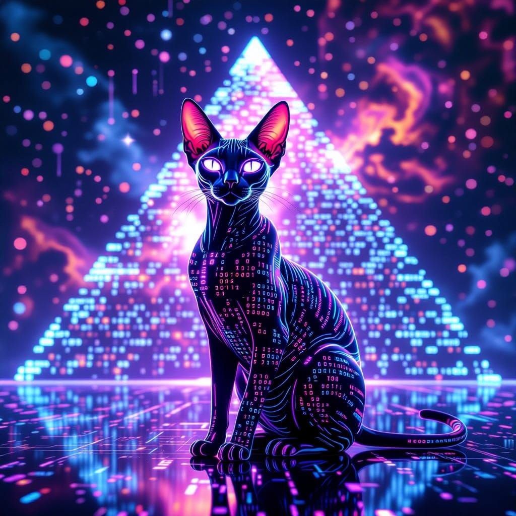Digital Sphynx Cat Forged from Binary Code