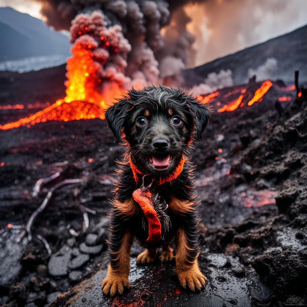Puppy Adrift in Lava Flow, Dramatic Painting