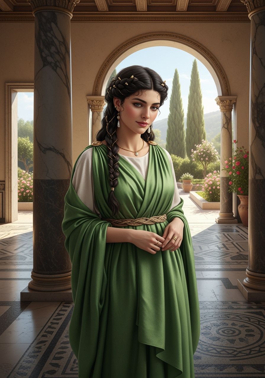 Ancient Roman Woman in Emerald Stola, Shy Smile