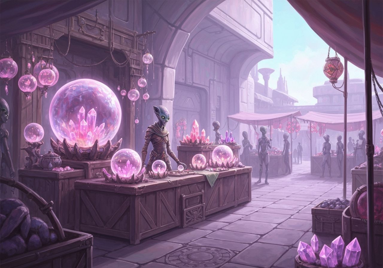 Exotic Alien Crystal Market in Fantasy Illustration Style