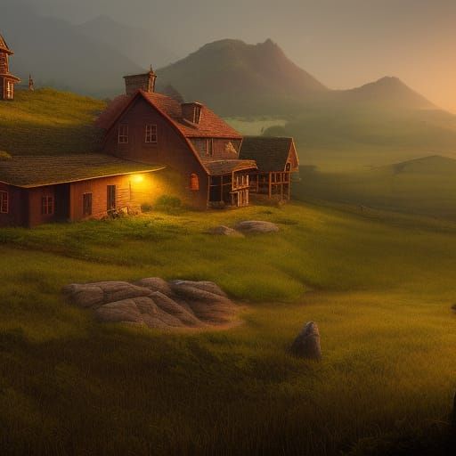 Farmhouse Landscape on Hill, Detailed Matte Painting
