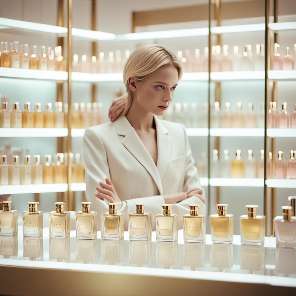 Blonde Woman at Perfume Counter in Fashion Photography Style