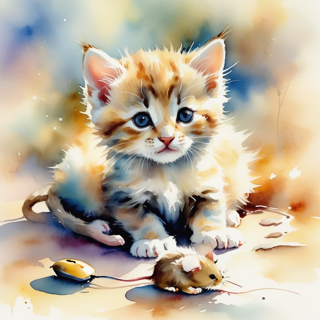 Kitten Napping on Mouse in Watercolor Style