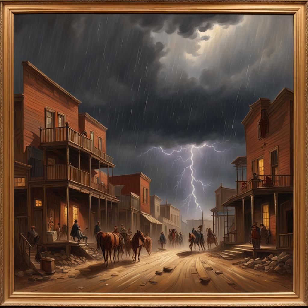Wild West Town in Thunderstorm, Oil Painting