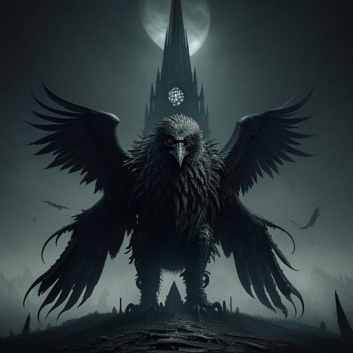 Dark Surrealist Crow God in Gothic Ruins
