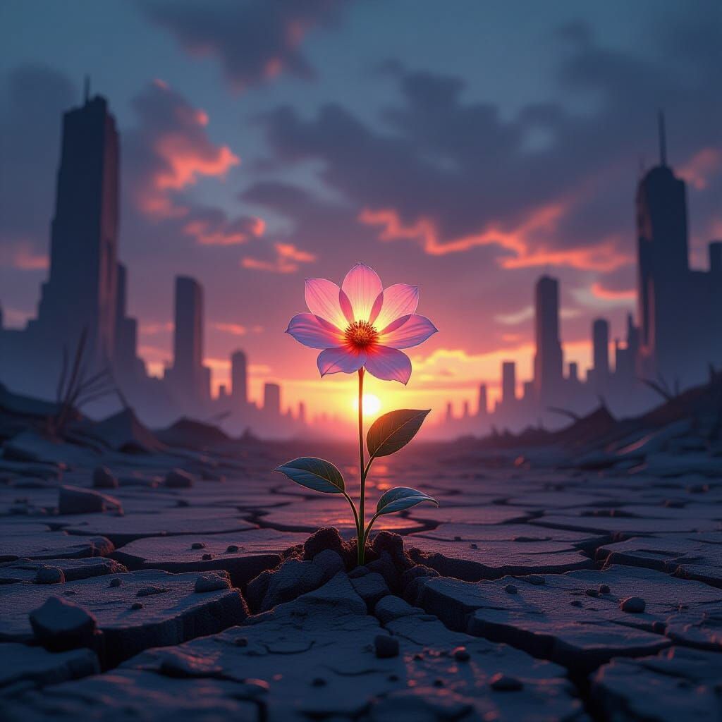 Glowing Flower in Post-Apocalyptic Twilight