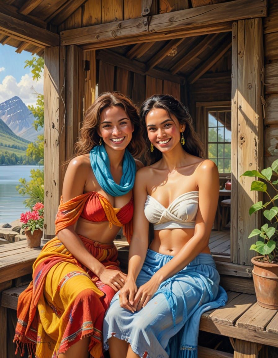 Sensual Oil Painting of Exotic Women in Rustic Lakeside Sett...