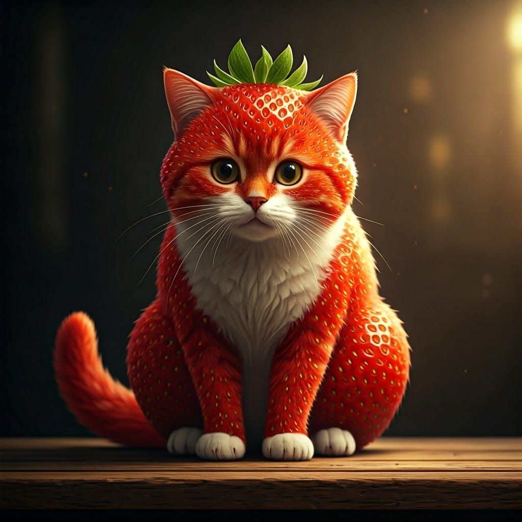 Whimsical Cat-Strawberry Hybrid in Warm, Golden Lighting