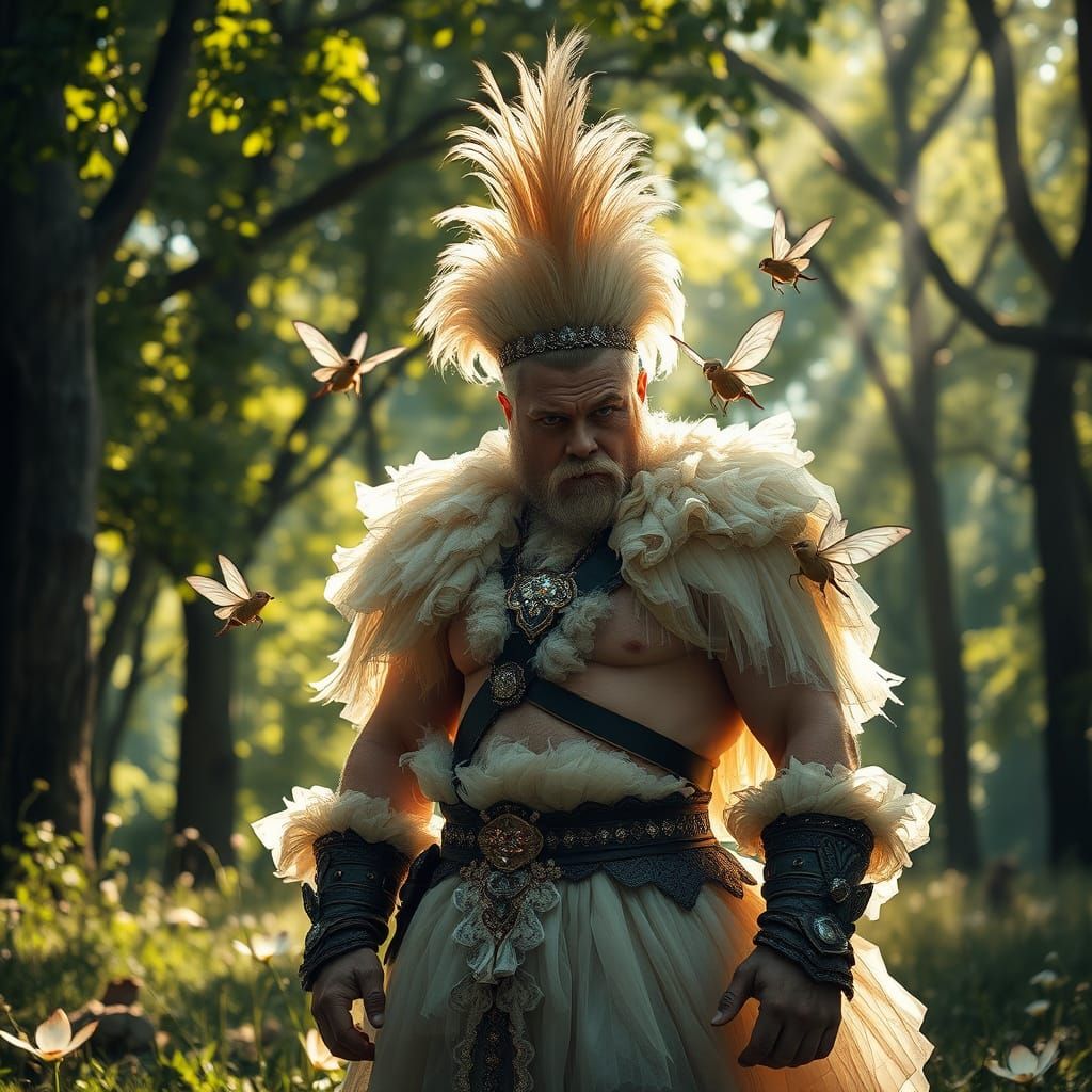 Warrior Enchanted by Pixies in a Sun-Dappled Forest