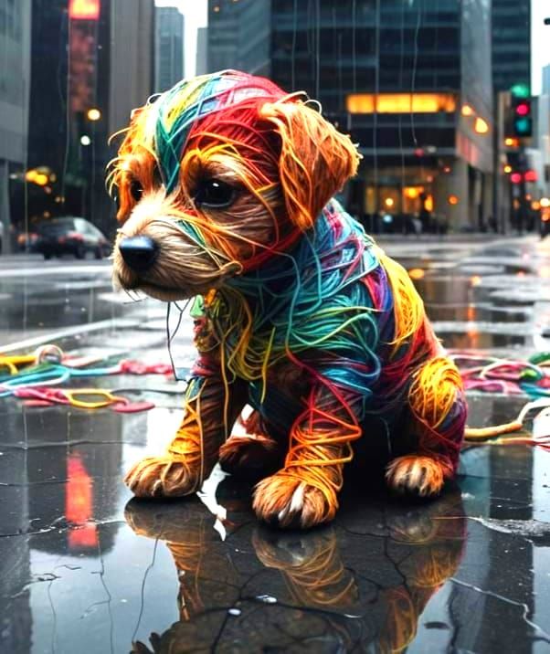 Sad Yarn Creature in Cityscape, Digital Art