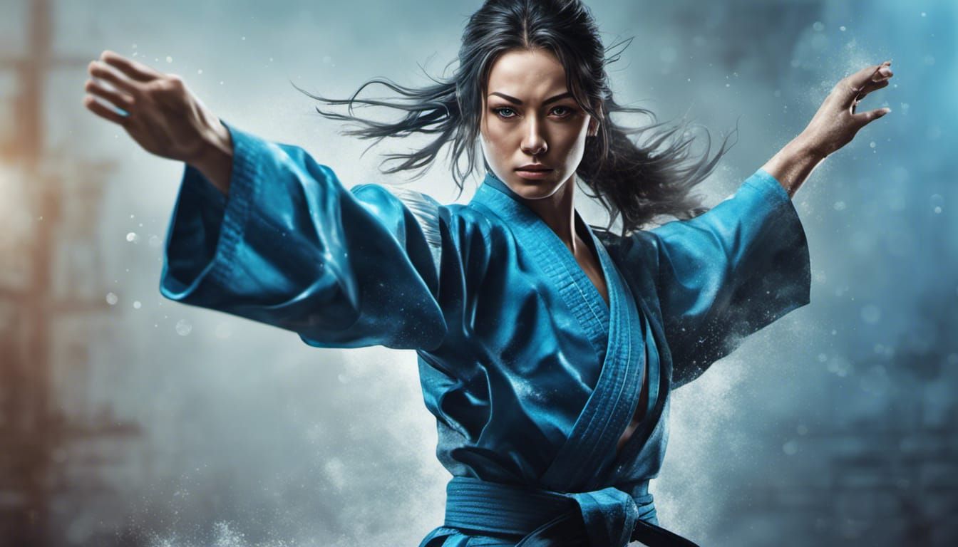 Hyperrealistic Martial Artist in Acid Blue Splash Art