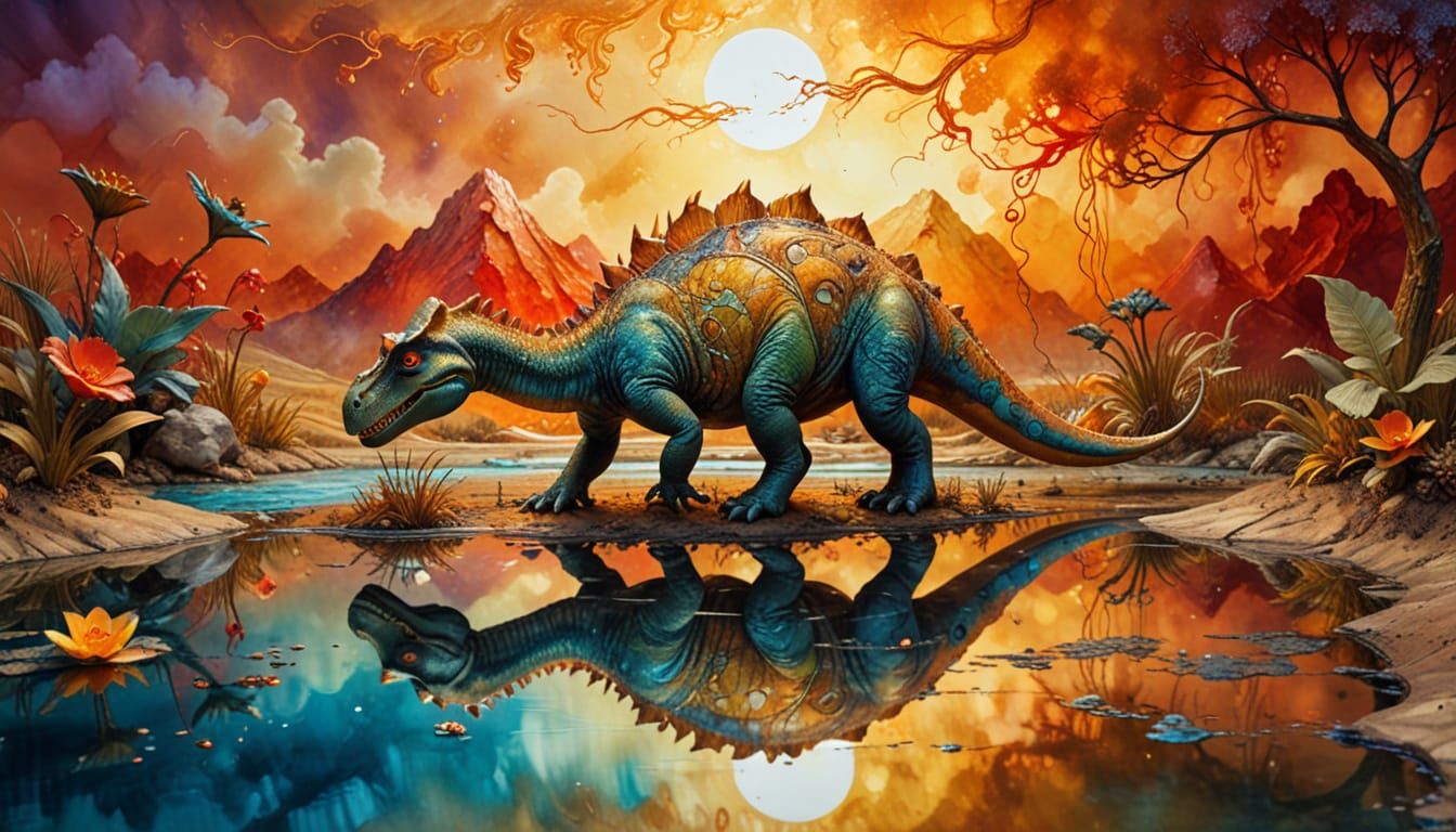 Dinosaur and Duckling in Surrealist Painting