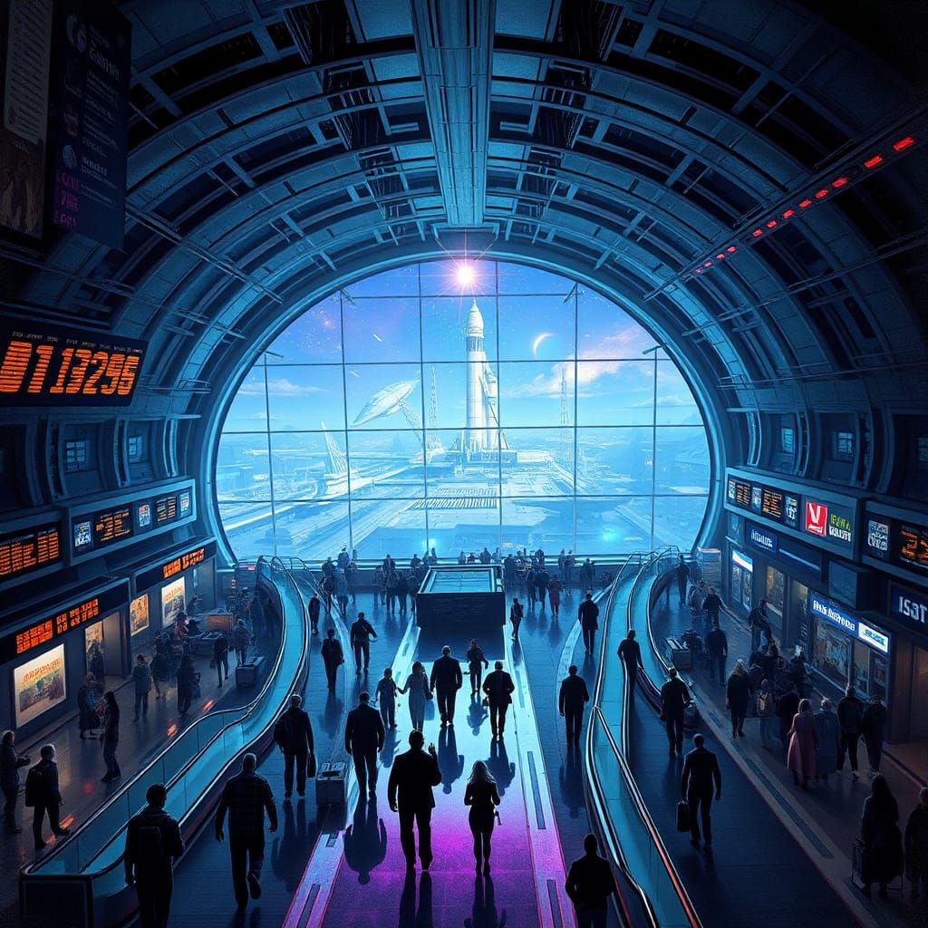 Intergalactic Spaceport Scene in Dystopian Film-Noir Style
