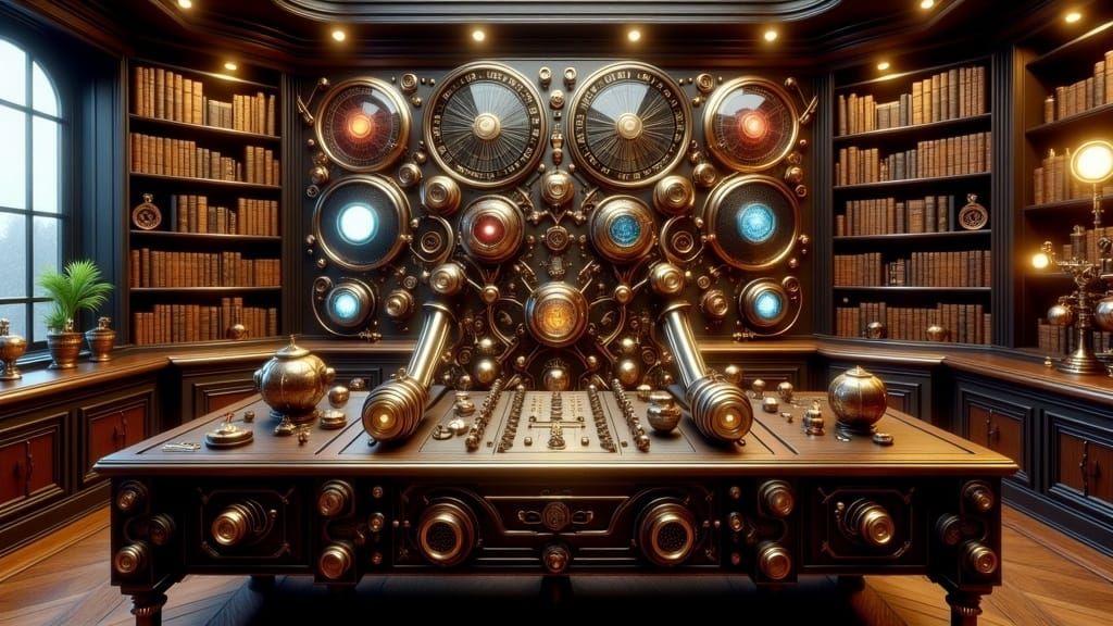 Steampunk Interstellar Console with Glowing Tubes