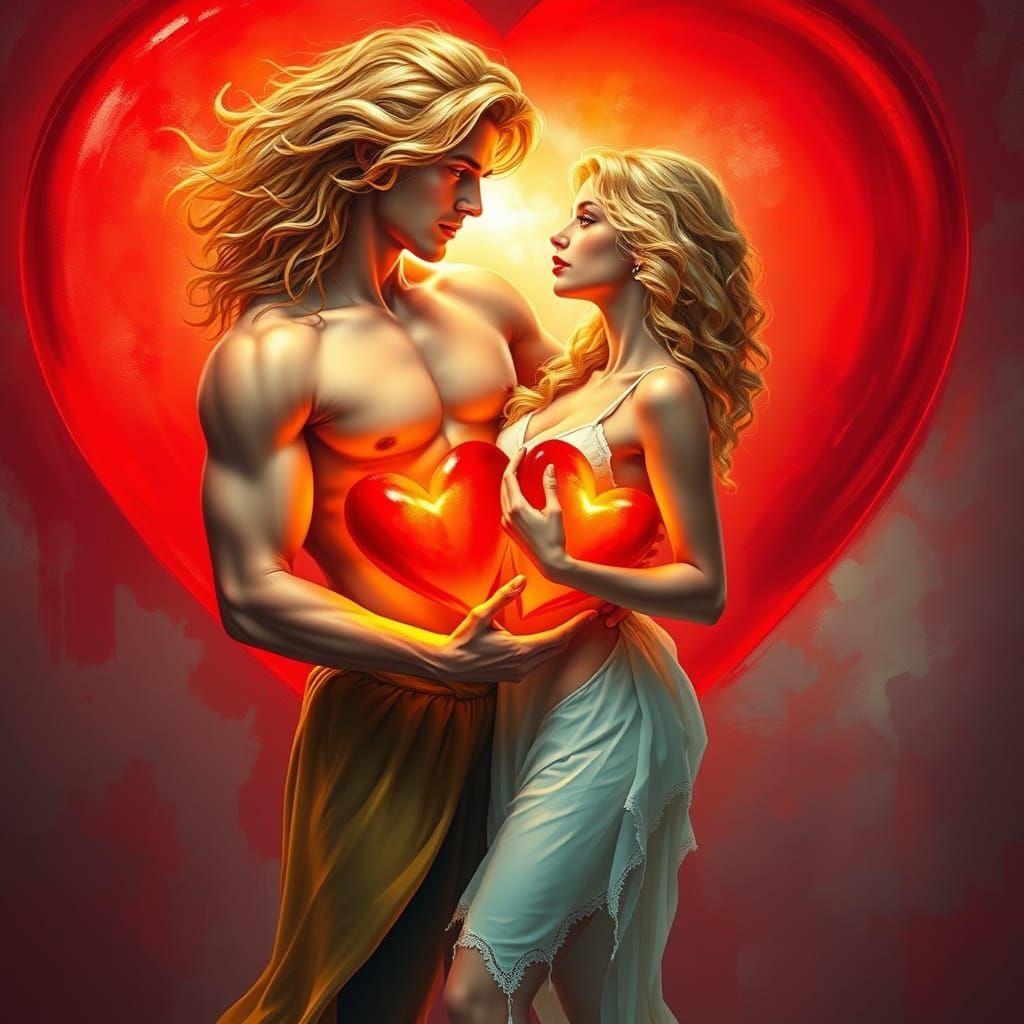 Surreal Romantic Couple Embracing in a Glowing Red Heart