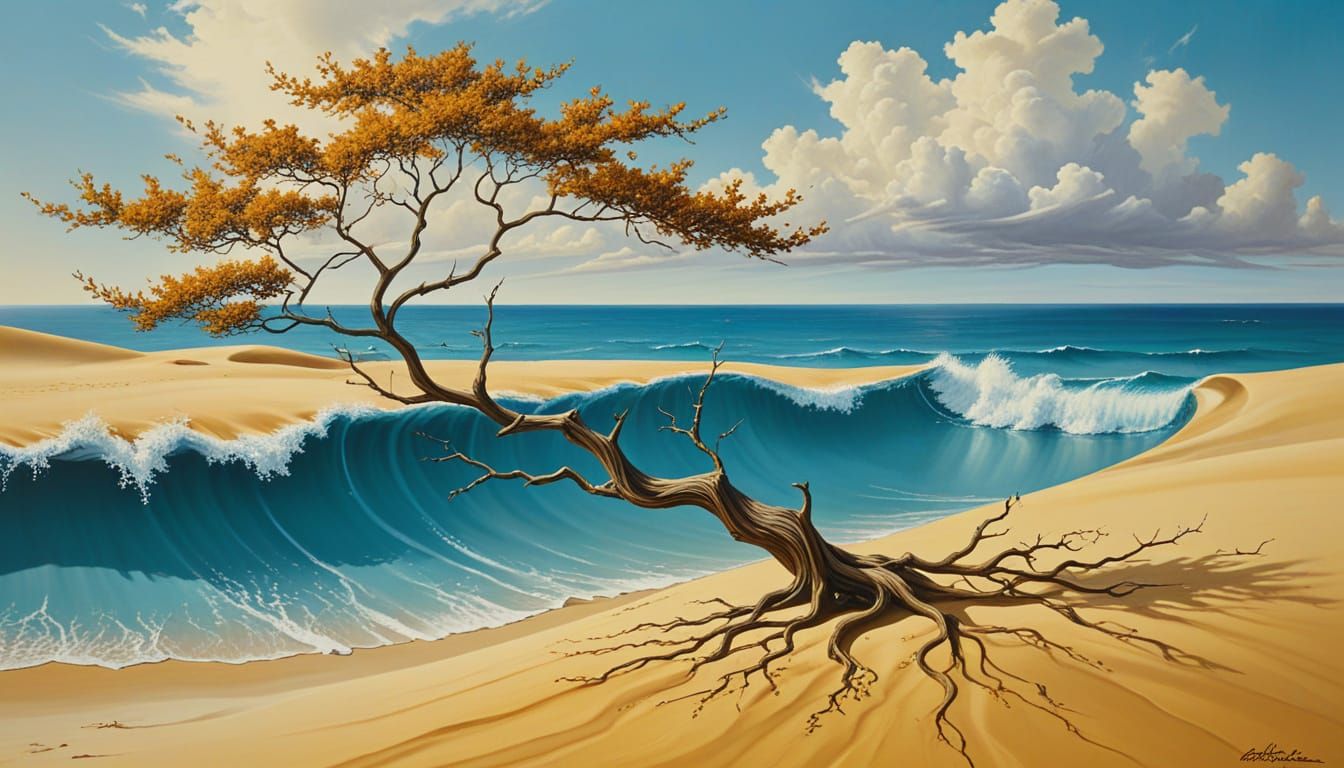 Surreal Golden Dune with Cloud Tree, Salvador Dali Style