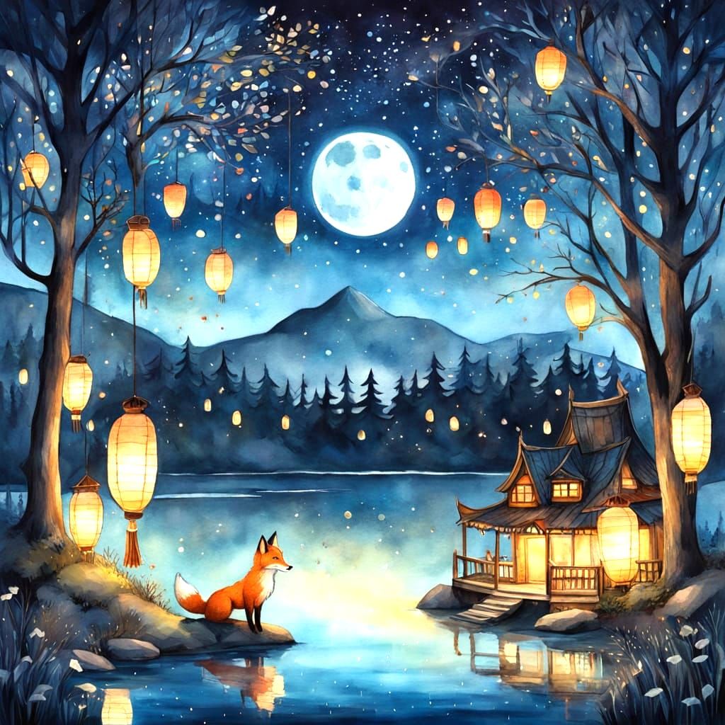 Ethereal Fox in Enchanted Forest: Watercolor Art