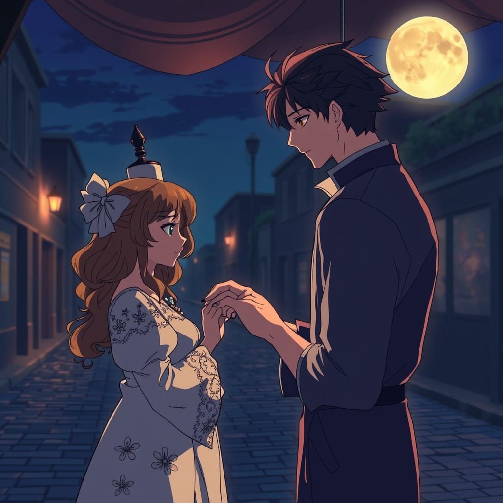 Celeste: Moonlit Evening Anime Scene with Embroidered Dress