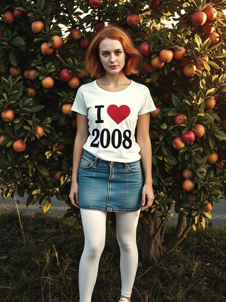 20 Year Old Redhaired Woman in Denim Skirt and Sneakers in F...