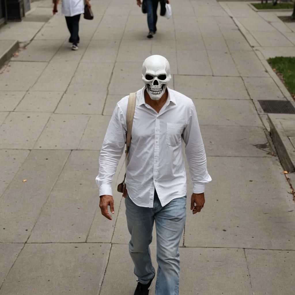Man in Skull Mask Walking on Sidewalk