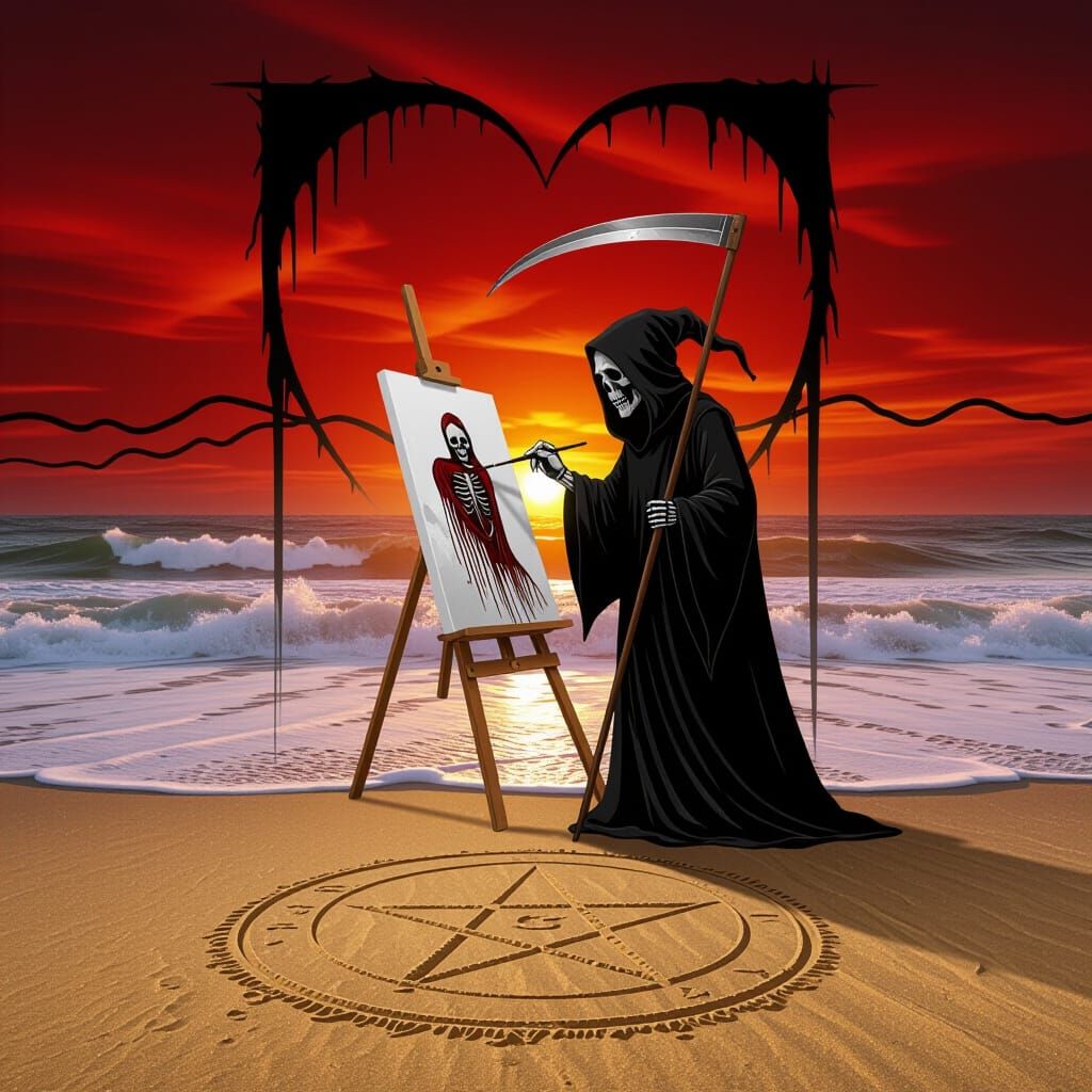 Grim Reaper Paints Love and Death by a Blood-Red Sea