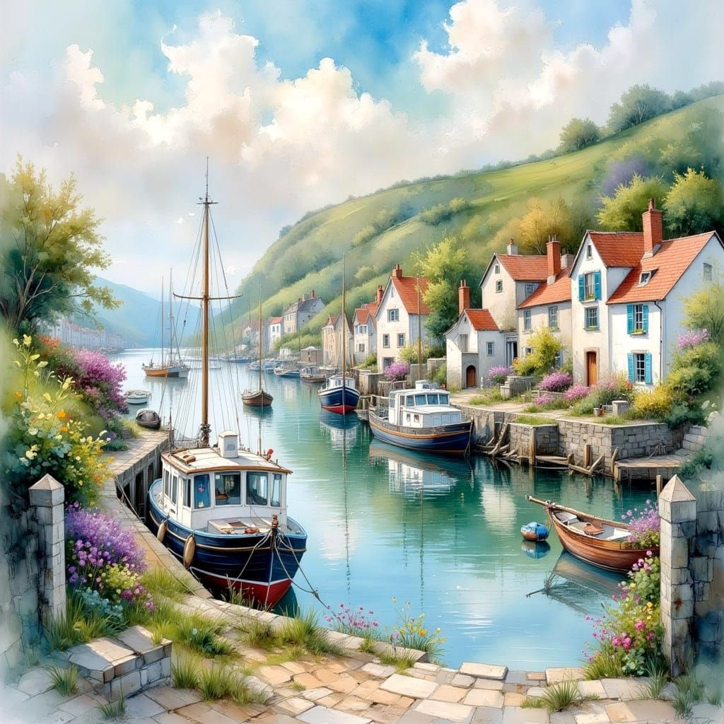 Quaint Seaside Village in England: Hyperrealistic Oil Painti...