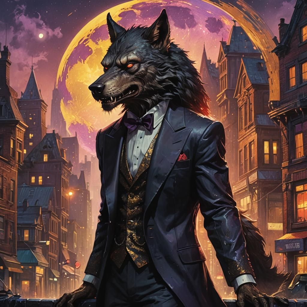 Werewolf in Tuxedo Howling at Moon, Hyperrealistic Art