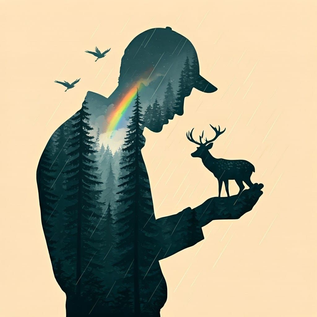 Man Feeds Deer in Forest Silhouette Charcoal Drawing