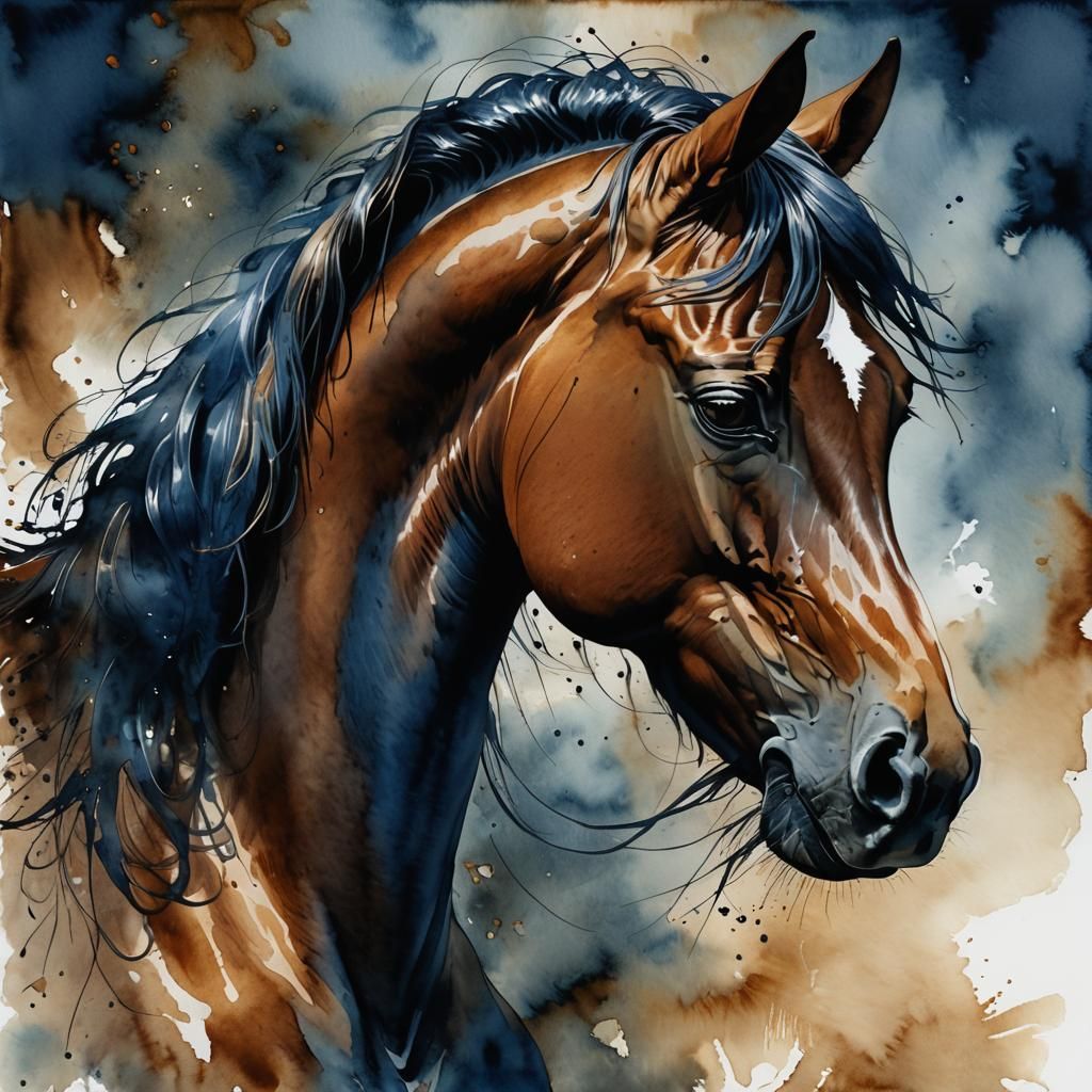 Detailed Brown Horse Head in Watercolor Style