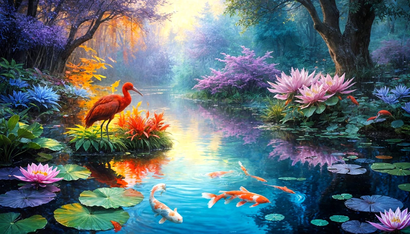 Ethereal Pond Scene with Glowing Koi at Twilight