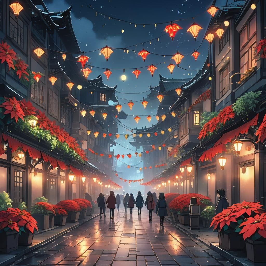 Festive Poinsettia City Square in Manga Scan Style