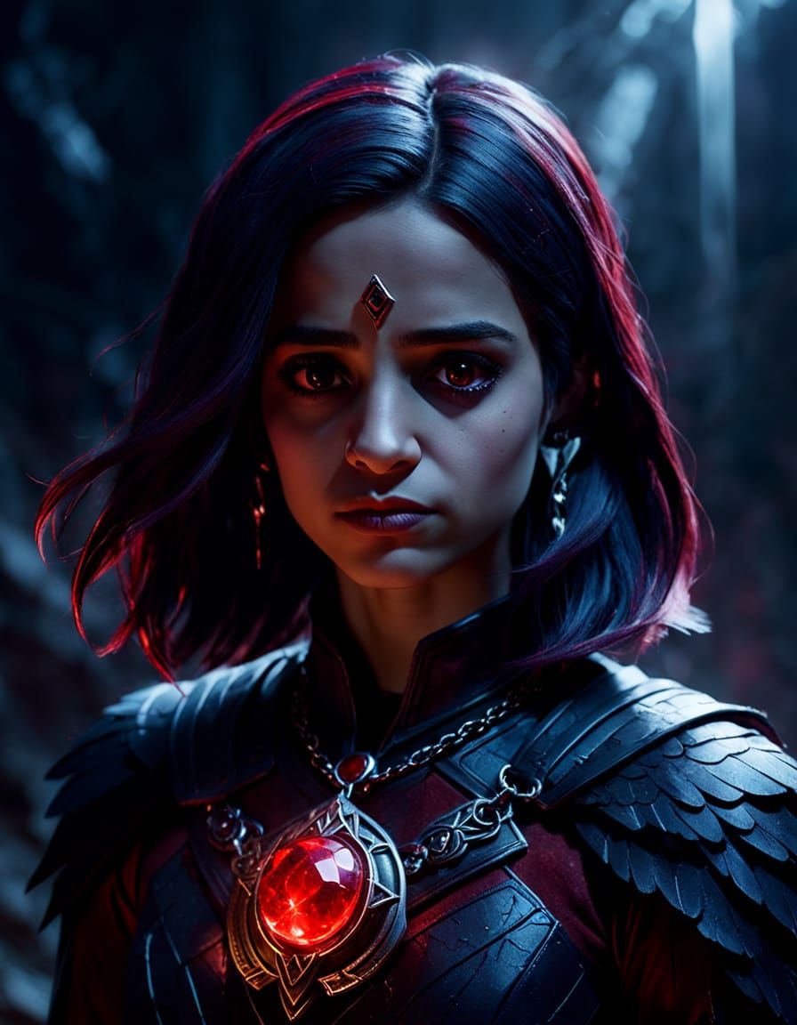 Mystical Superheroine Portrait with Glowing Gemstone