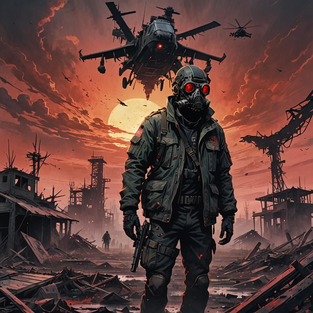 Dystopian Gas Masked Figure in Dark Landscape