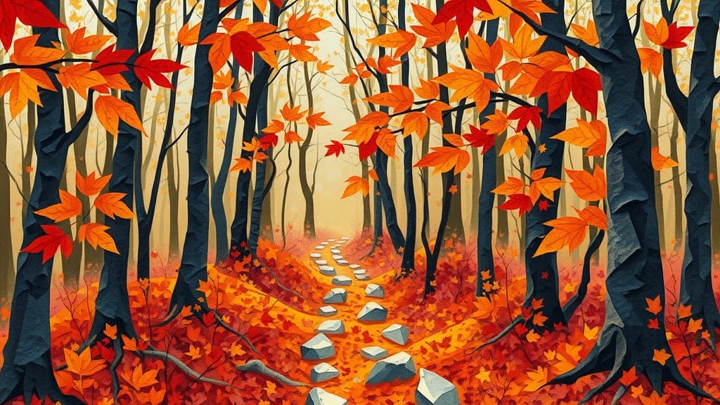 Autumn Forest Path in Cubist Paper Collage Art