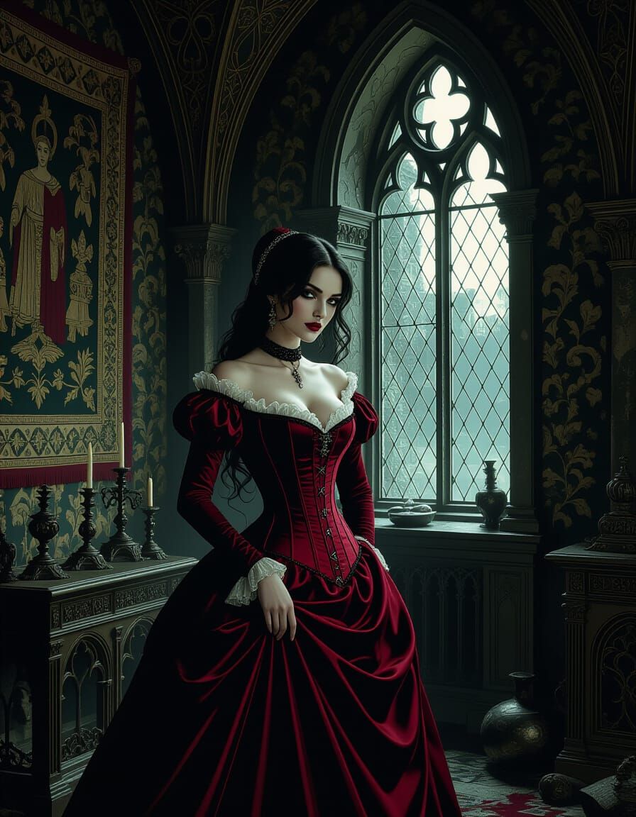 Gothic Woman in Crimson Corset in Ornate Chamber