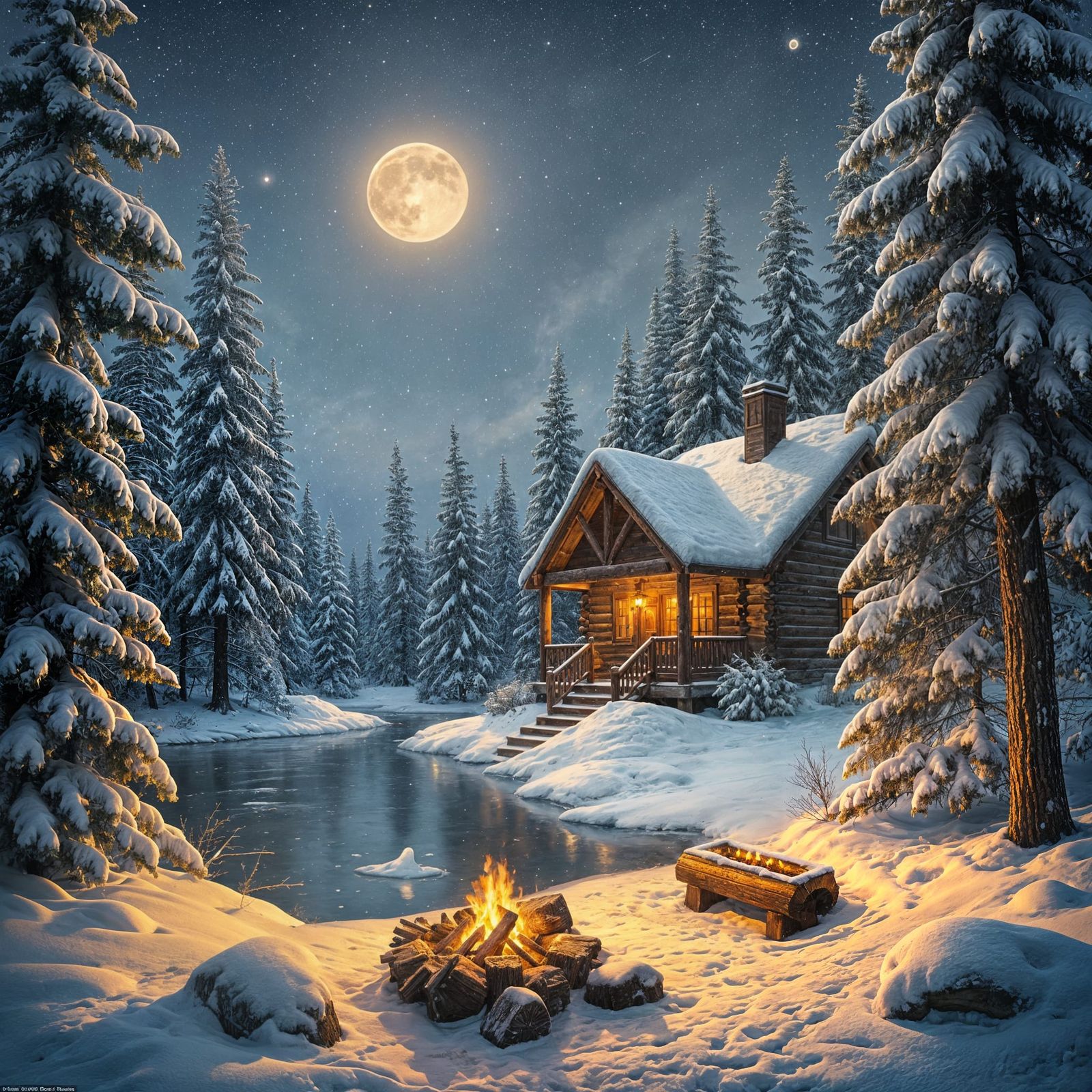 Snowy Log Cabin Scene Under a Full Moon
