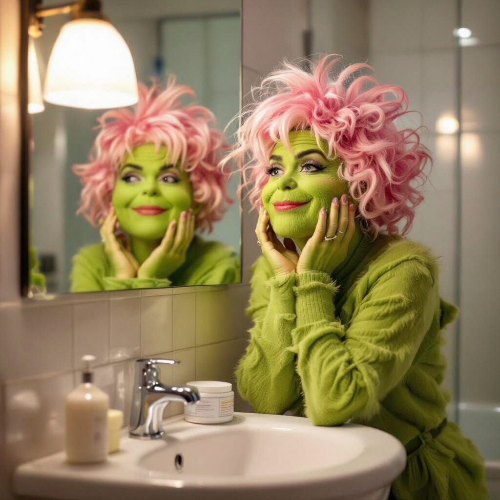 Grinch-Like Woman with Pink Hair in Misty Bathroom