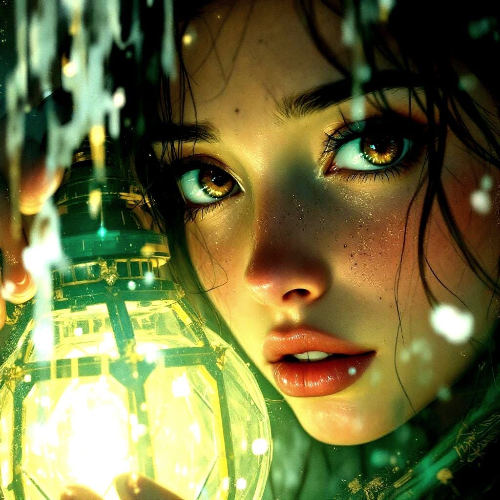 Anime Archivist with Emerald Lantern, Acrylic Painting Style