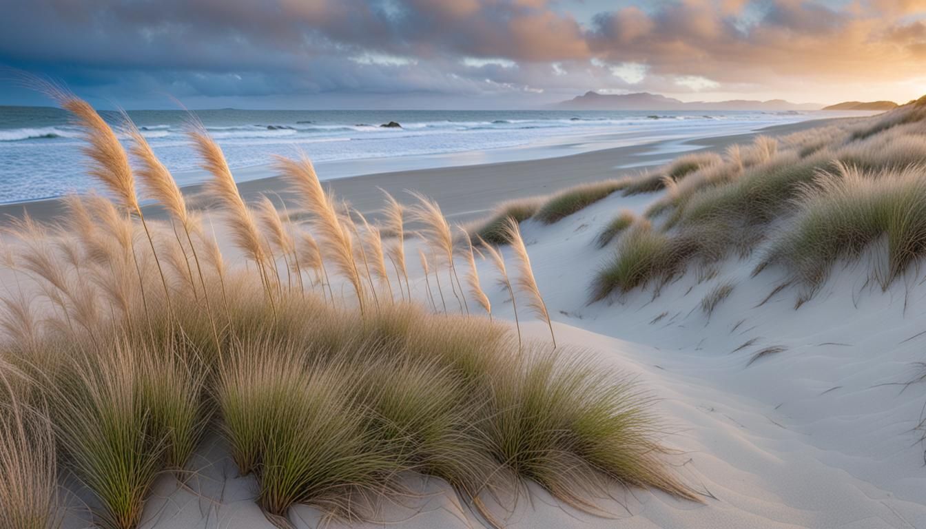 Flowering Flax Bush on Sand Dunes at Dawn