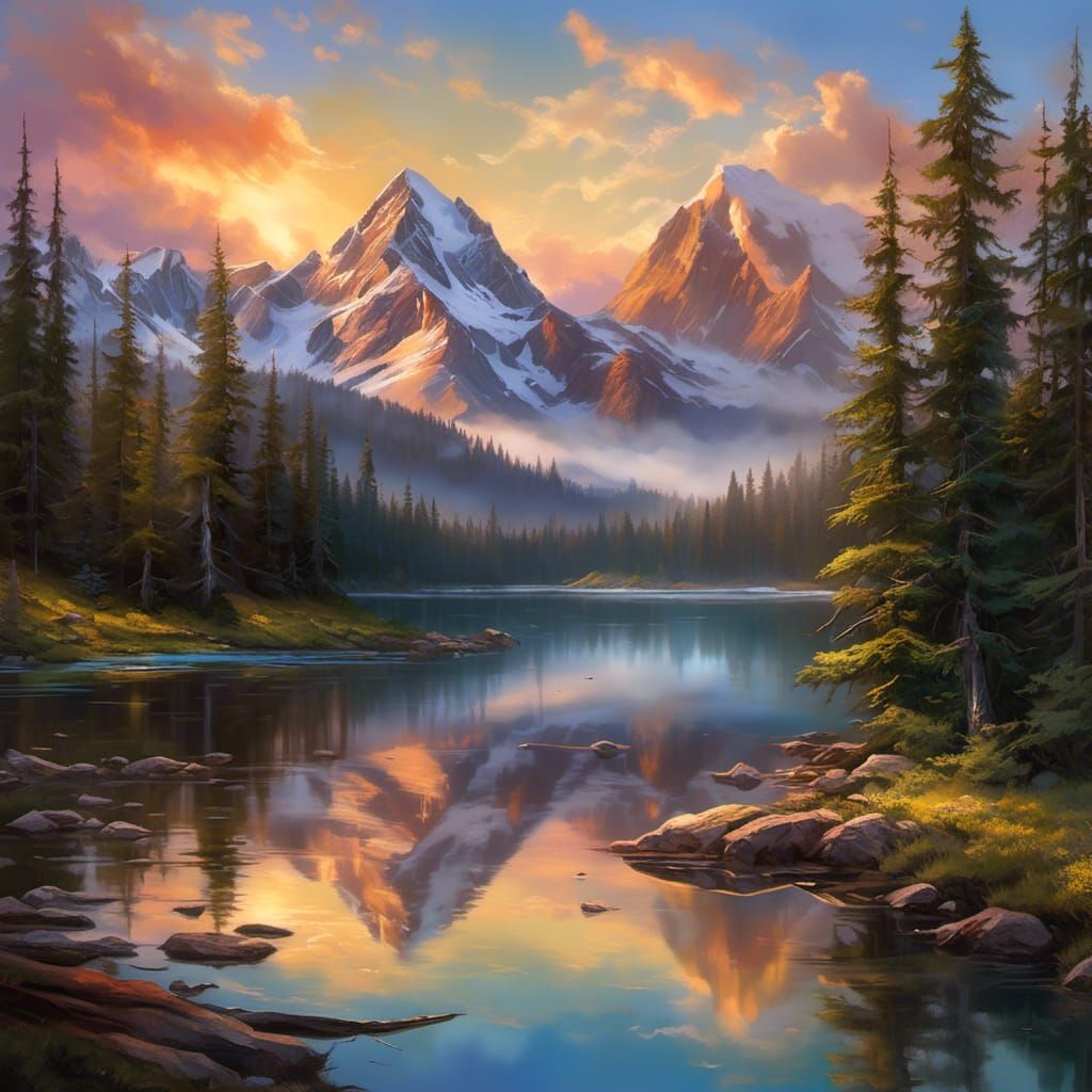 Majestic Mountain Peak Digital Painting with Alpine Lake