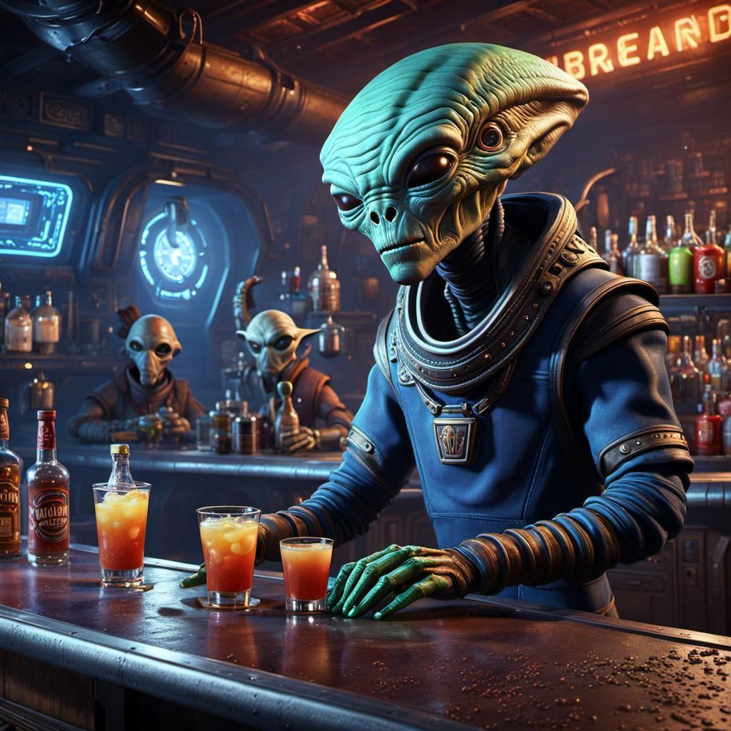 Cantina Bartender Serving Aliens, Detailed Digital Art
