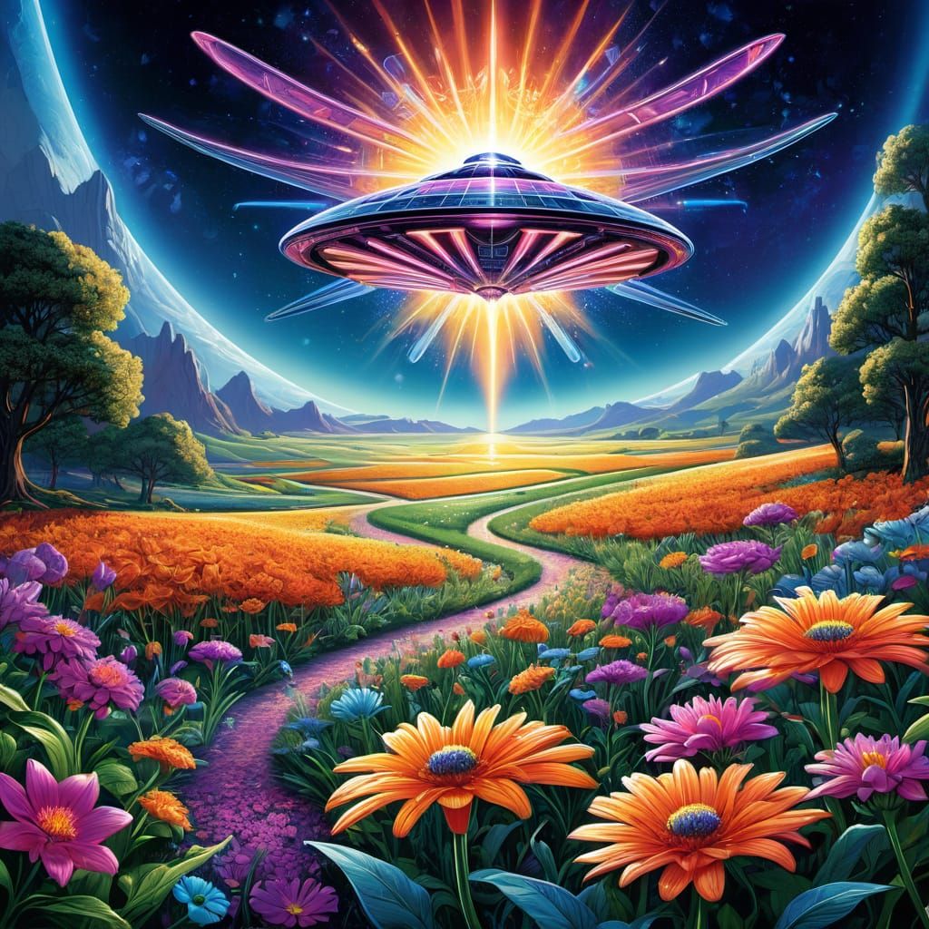 Alien spacecraft landing in a flower-filled field