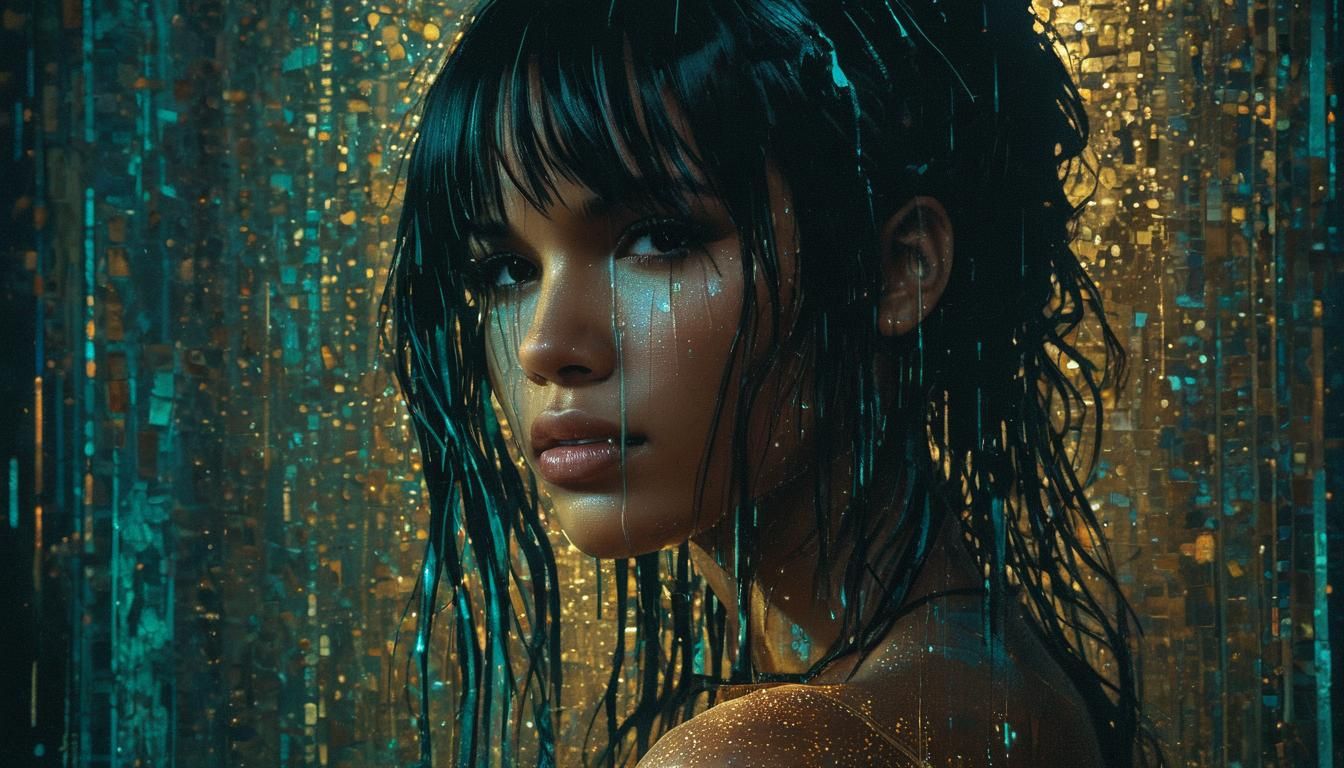 Dramatic Portrait with Turquoise Light in Art Nouveau Style